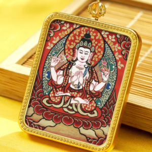 Hand-Painted Brass Tibetan Thangka Amulet Pendant Necklace